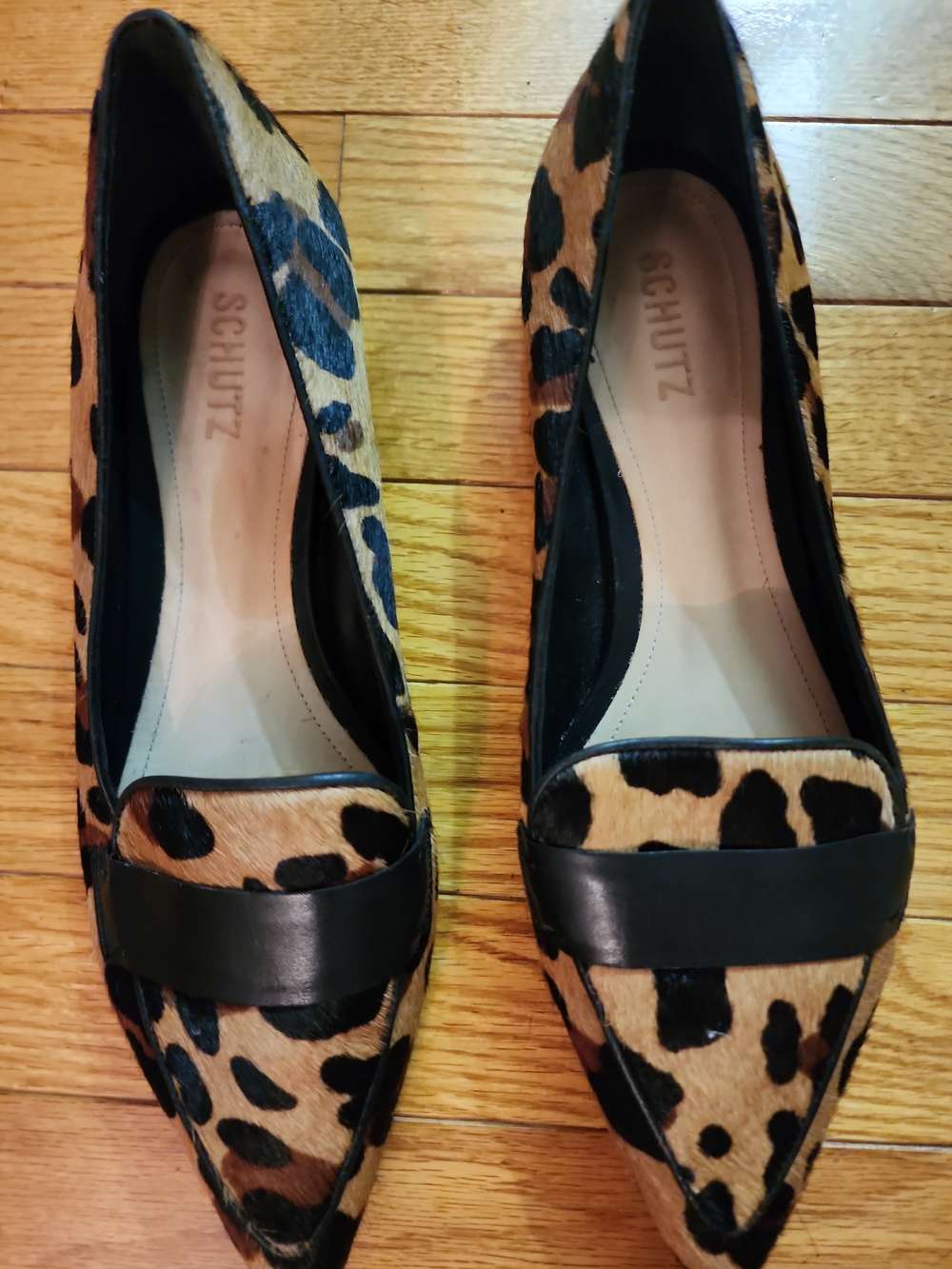 SCHUTZ Leopard-Print Calf Hair Pointed-Toe Flats with Black Strap